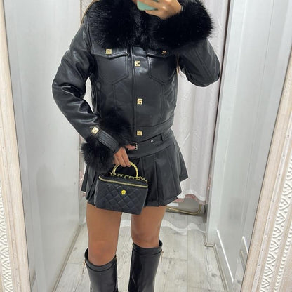 Yasmin Pu Leather Jacket With Fur Detailing