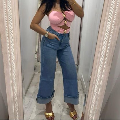 Jean évasé VIOLET Bell Bottom à poches en strass roses