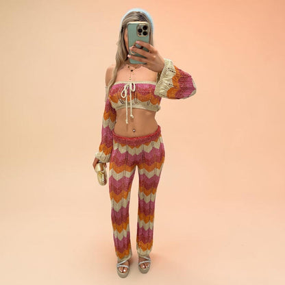 SHANIA Zig Zag Sparkly Lurex Knitted Top &amp; Trouser Coord
