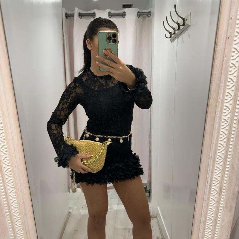 POLLY Lace Dress with Flower Detail Hem