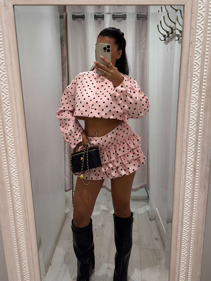 Gardenia Polka Dot Frilly Rara Skirt co ord set with unique polka dot design and frilled rara skirt for stylish outfits