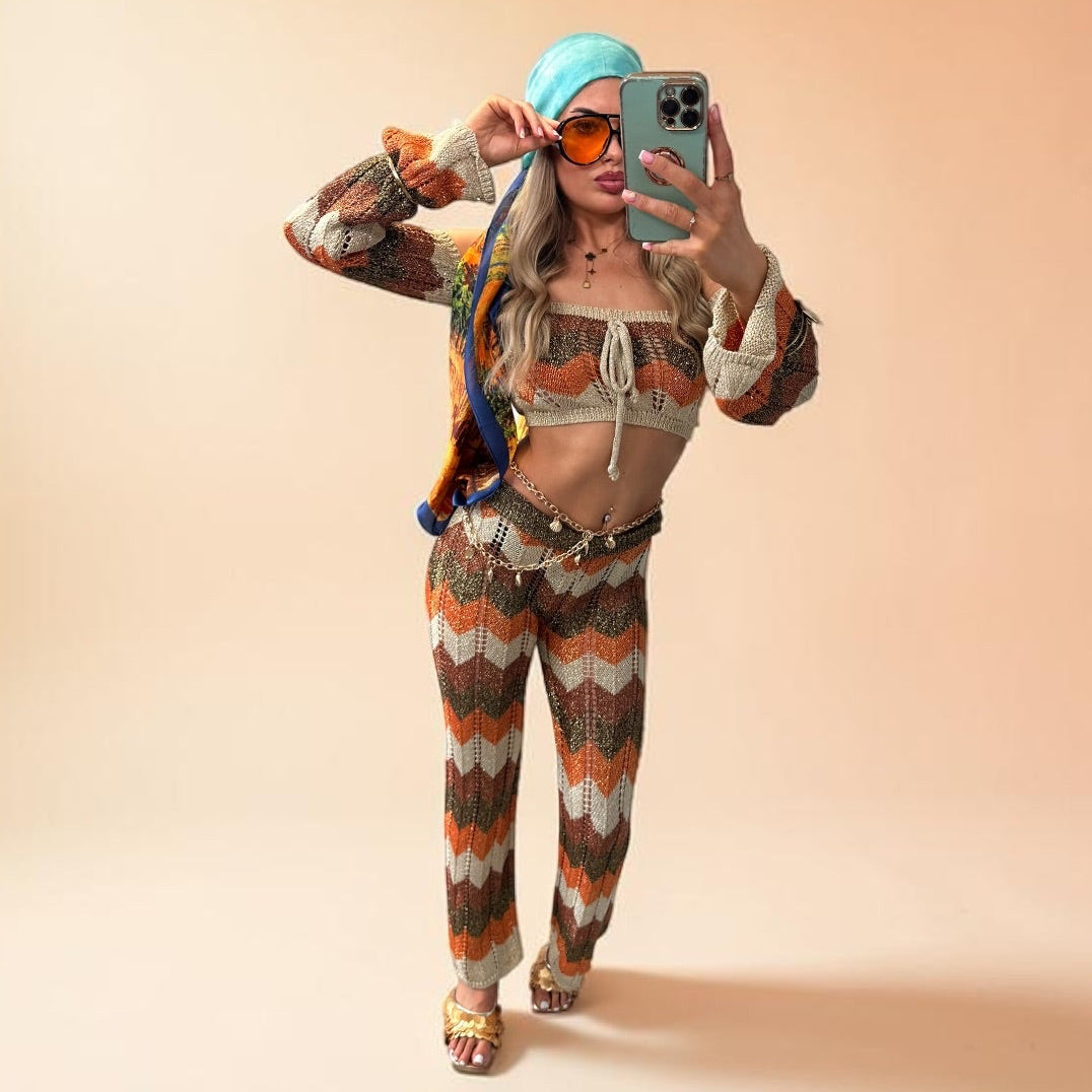 SHANIA Zig Zag Sparkly Lurex Knitted Top &amp; Trouser Coord