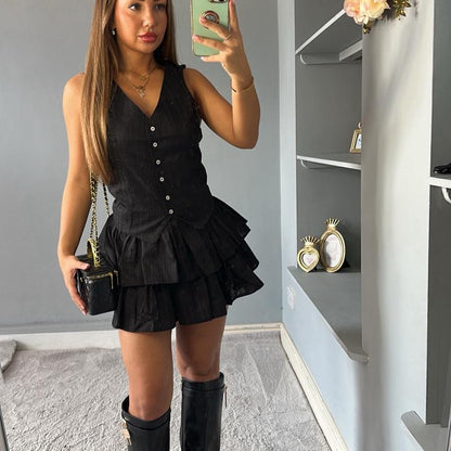 Holly Ruffled Skirt Button Waistcoat playsuit