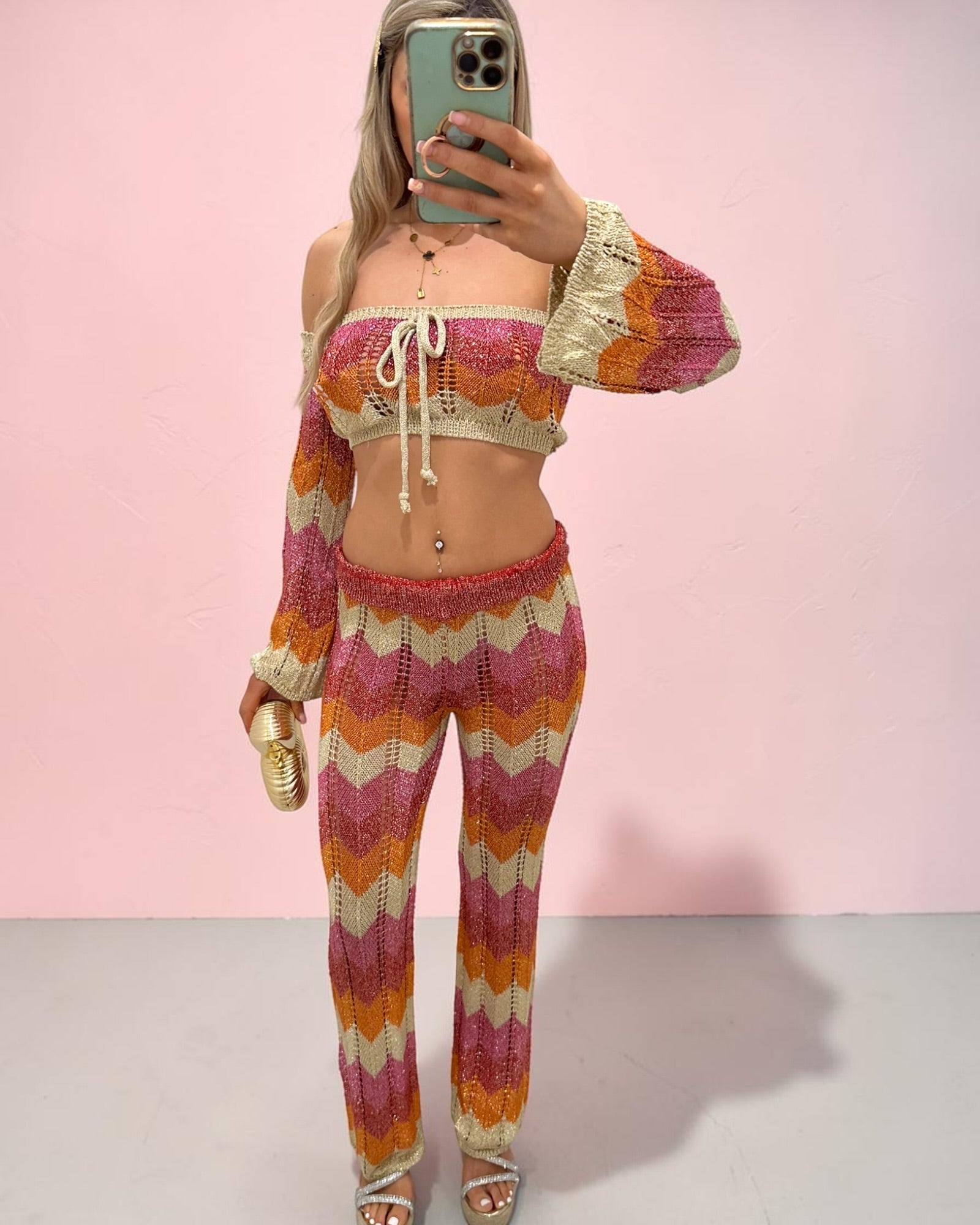 SHANIA Zig Zag Sparkly Lurex Knitted Top &amp; Trouser Coord