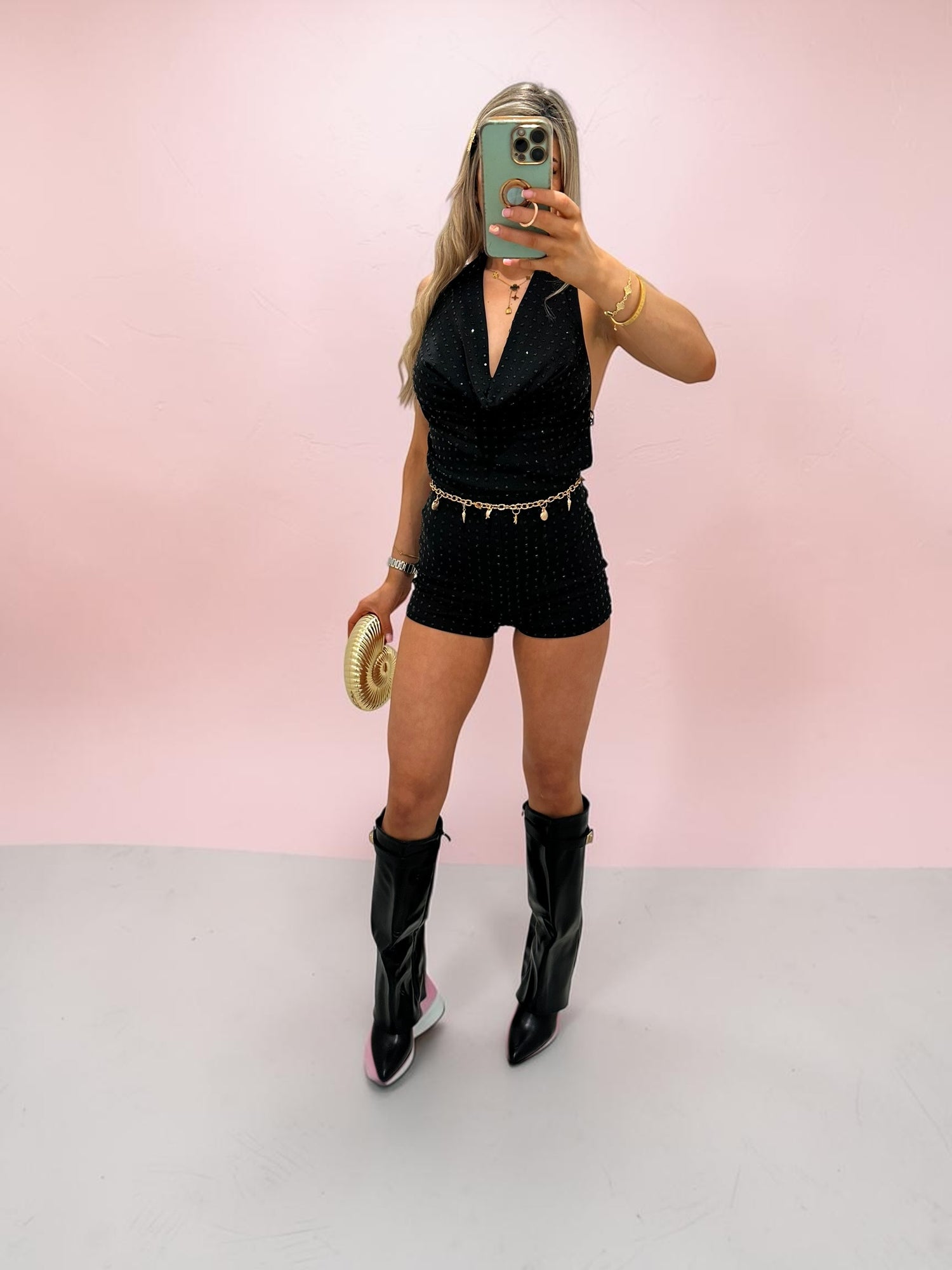 Halter Neck Romper With Diamante Details -NIGHTFALL