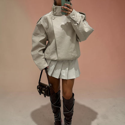 BROOKE Leather Jacket With High Collar Details