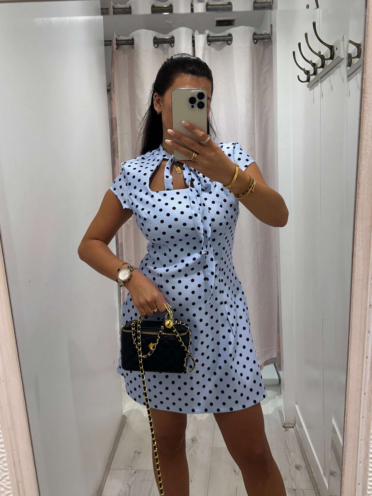 Kensington Polka Dot Dress with short sleeves and tie front for casual womenswear