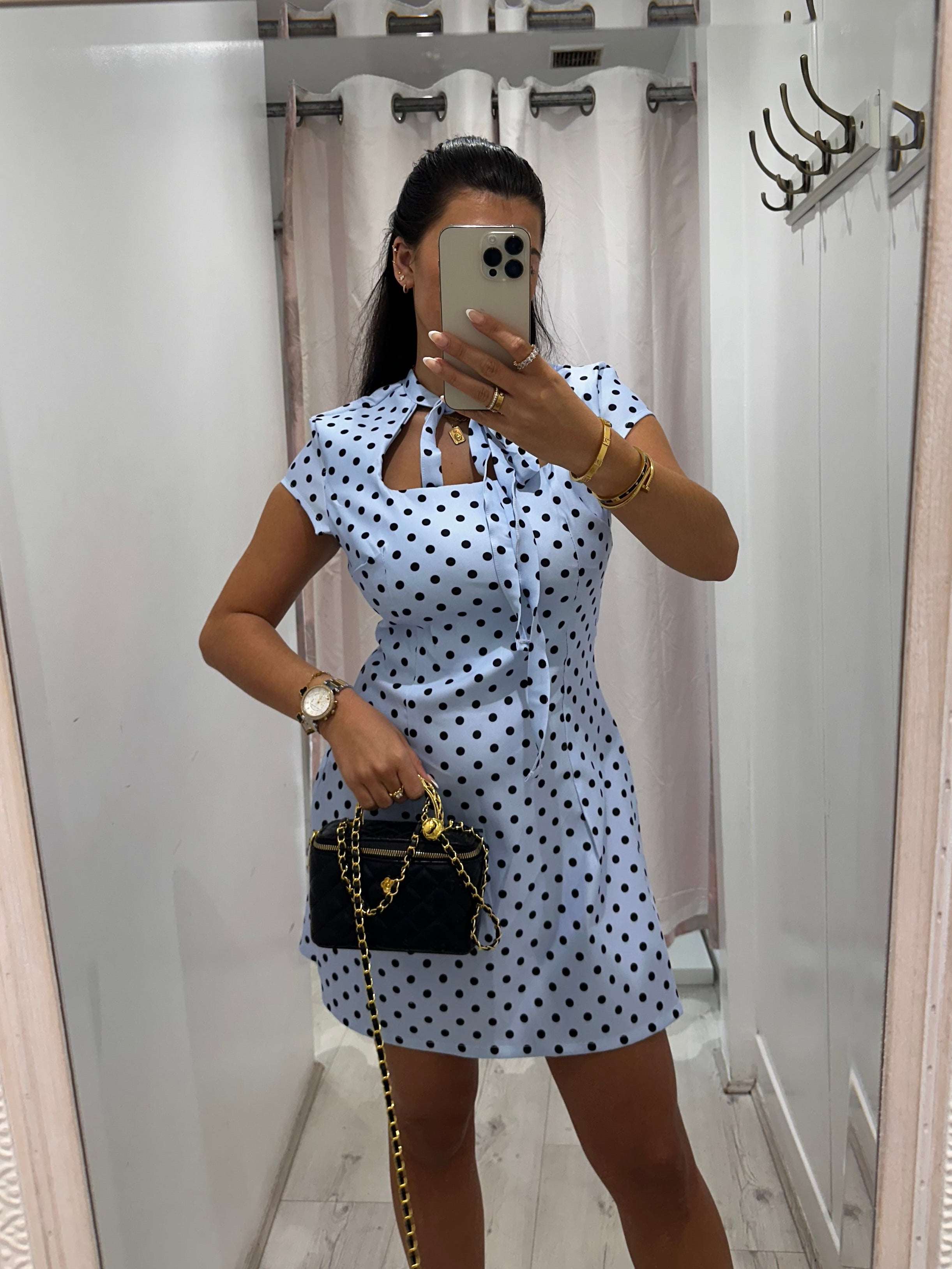 Kensington Polka Dot Dress with short sleeves and tie front for casual womenswear