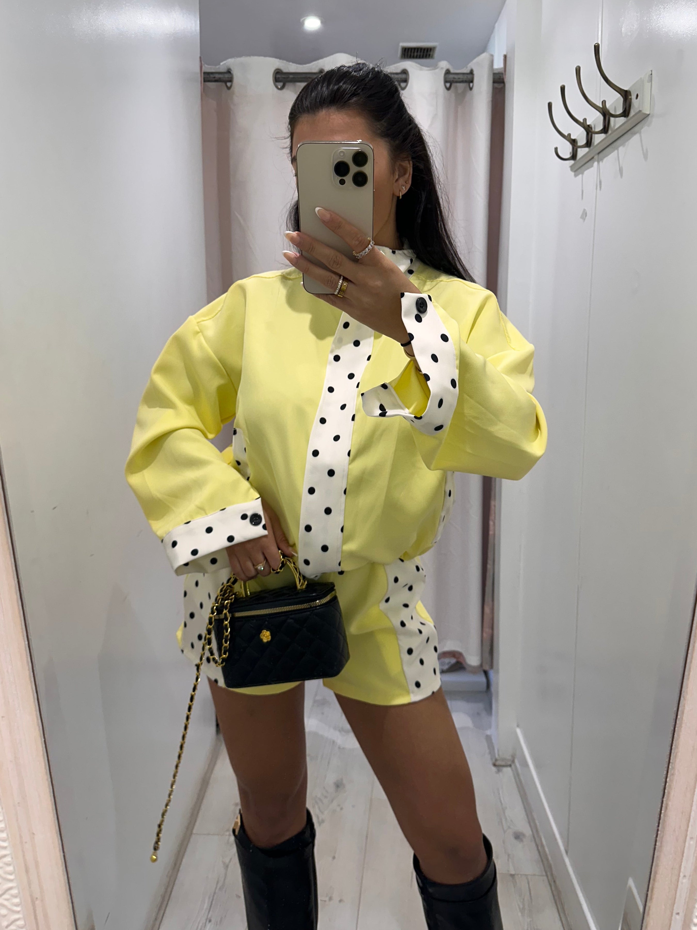 Elodie Polka Dot Jacket and Shirt Set with white polka dots for stylish layering