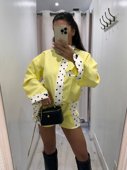 Elodie Polka Dot Jacket and Shirt Set with white polka dots for stylish layering