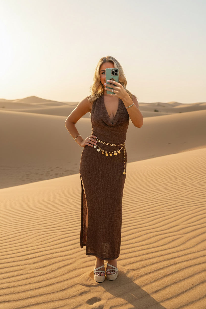 AMIRAH Lurex Sparkly Maxi Cowl Neck  Dress