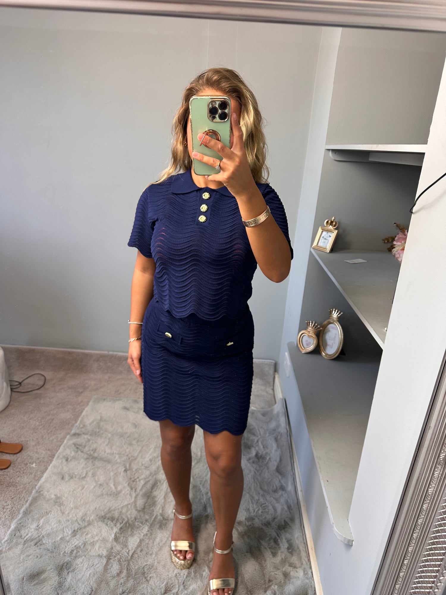 MIA knitted gold button top and skirt
