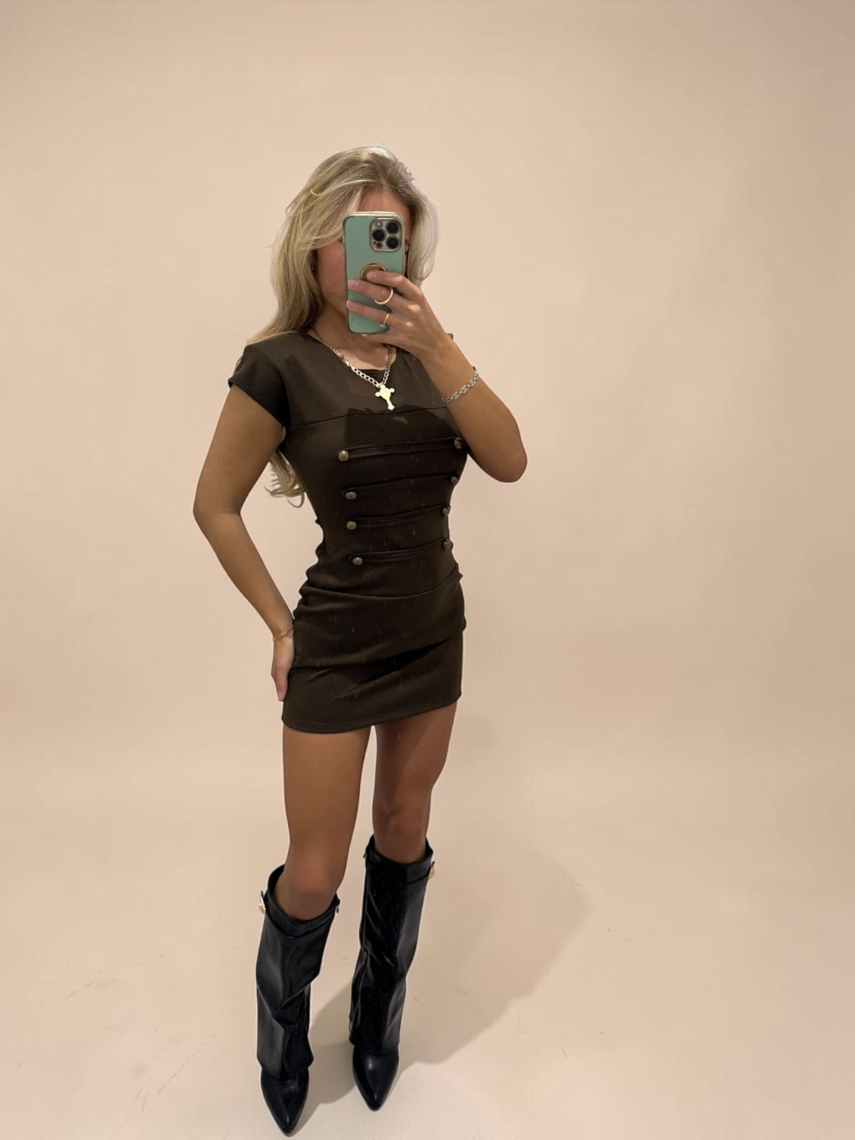 MICHAELA Button Detail Padded Shoulder Mini Dress