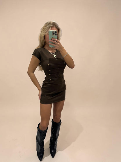 MICHAELA Button Detail Padded Shoulder Mini Dress