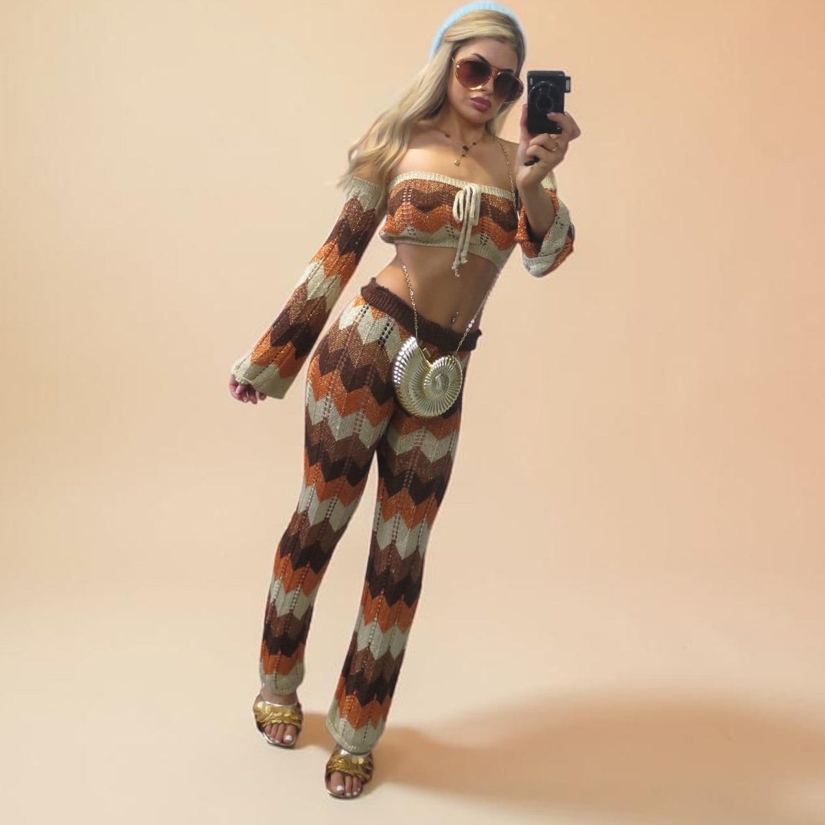 SHANIA Zig Zag Sparkly Lurex Knitted Top &amp; Trouser Coord