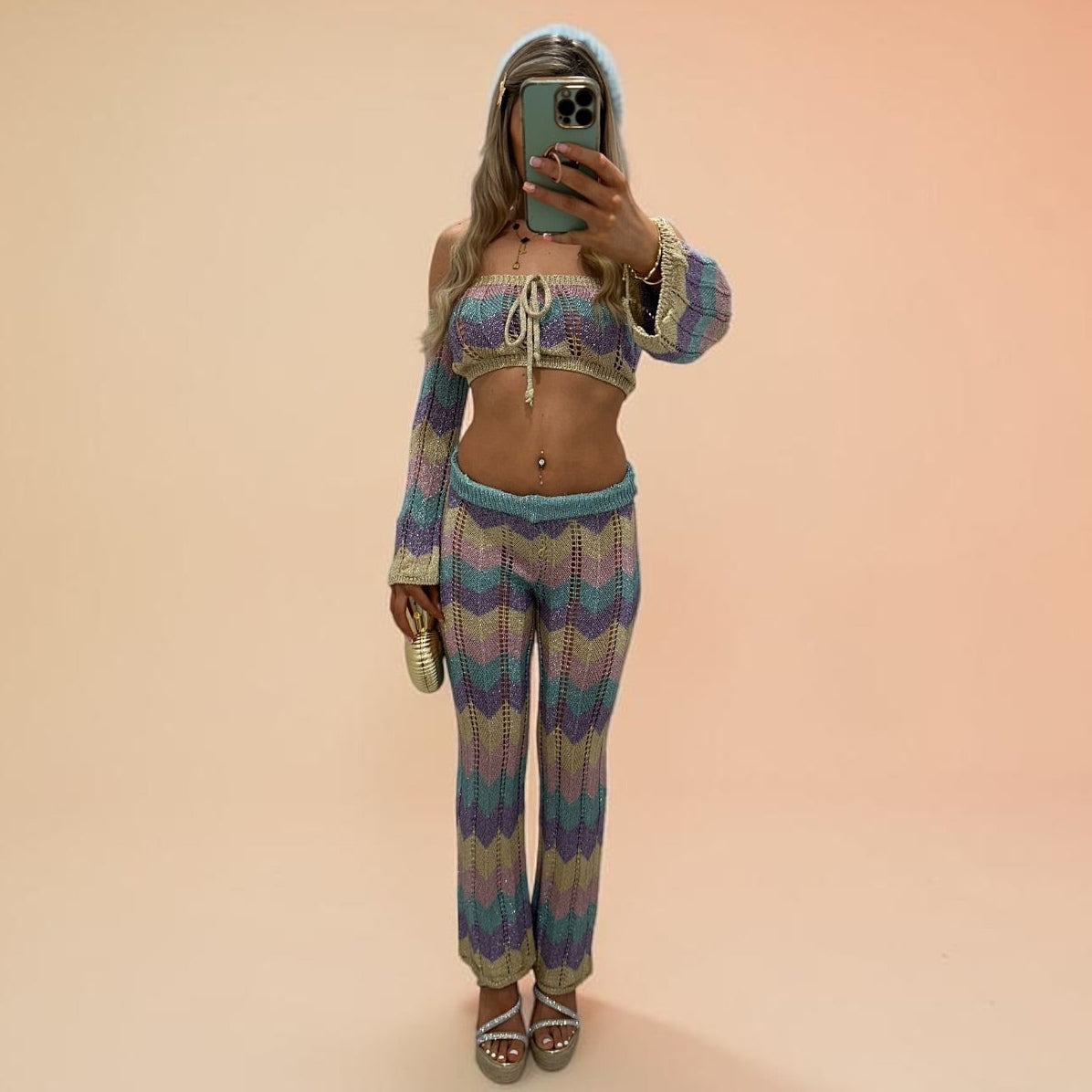 SHANIA Zig Zag Sparkly Lurex Knitted Top &amp; Trouser Coord