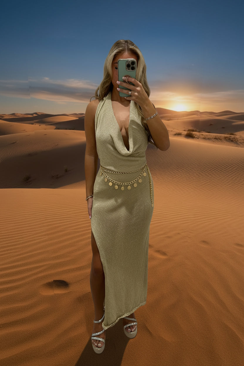 AMIRAH Lurex Sparkly Maxi Cowl Neck  Dress