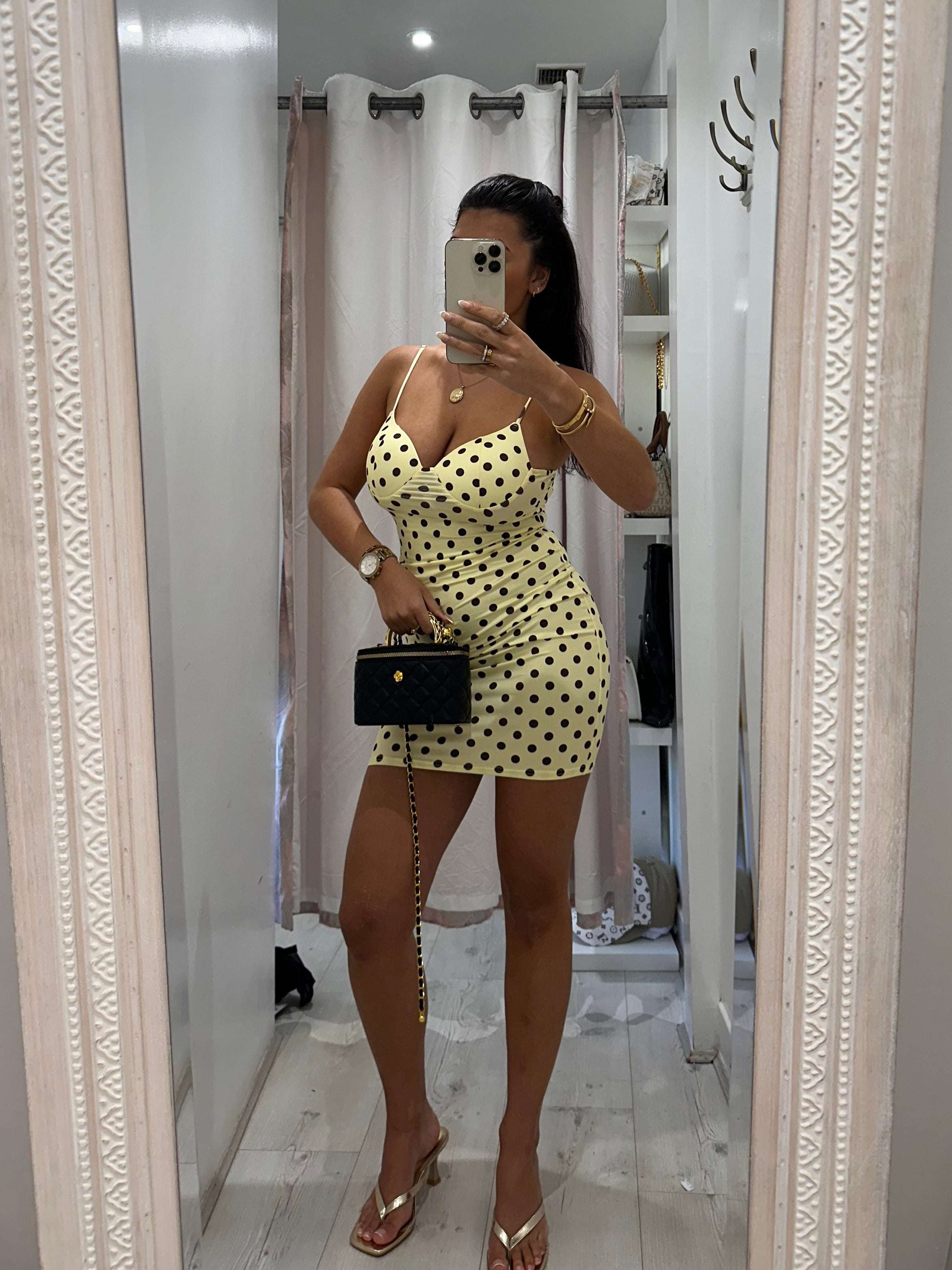 VERITY Polka Dot Mini Dress - White with Black Dots, Sleeveless, V-Neck, Summer Style, Perfect for Casual Wear