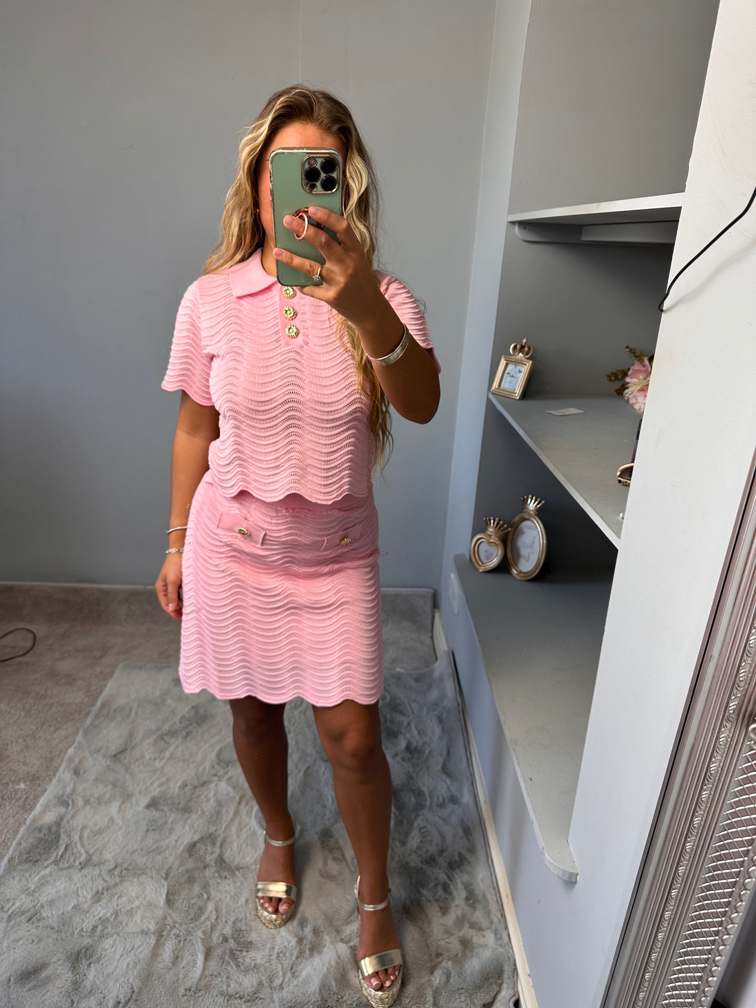 MIA knitted gold button top and skirt