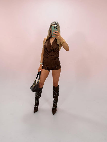 Halter Neck Romper With Diamante Details -NIGHTFALL