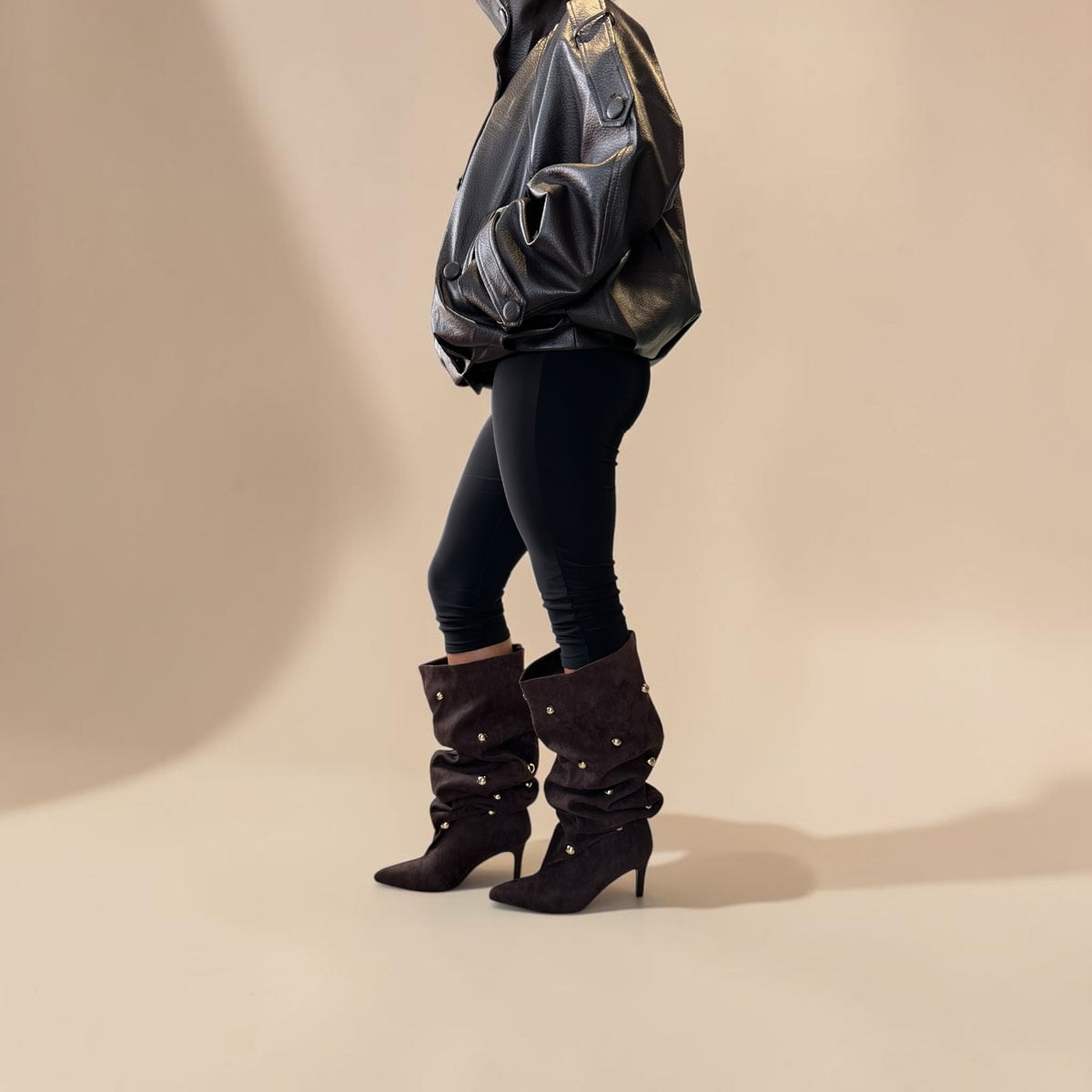 SOLARA Studded Kitten Heel Suede Knee High Boots