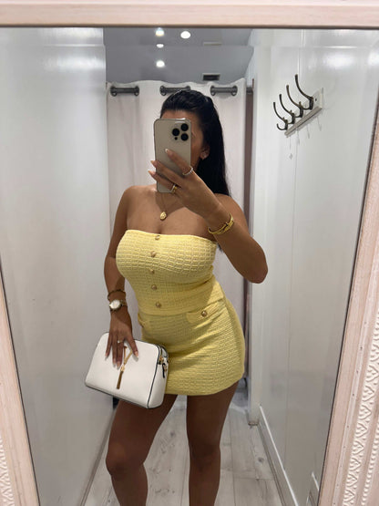 Lara Gold Button knitted skirt and bandeau top set stylish everyday outfit