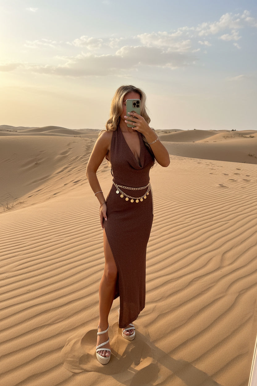 AMIRAH Lurex Sparkly Maxi Cowl Neck  Dress