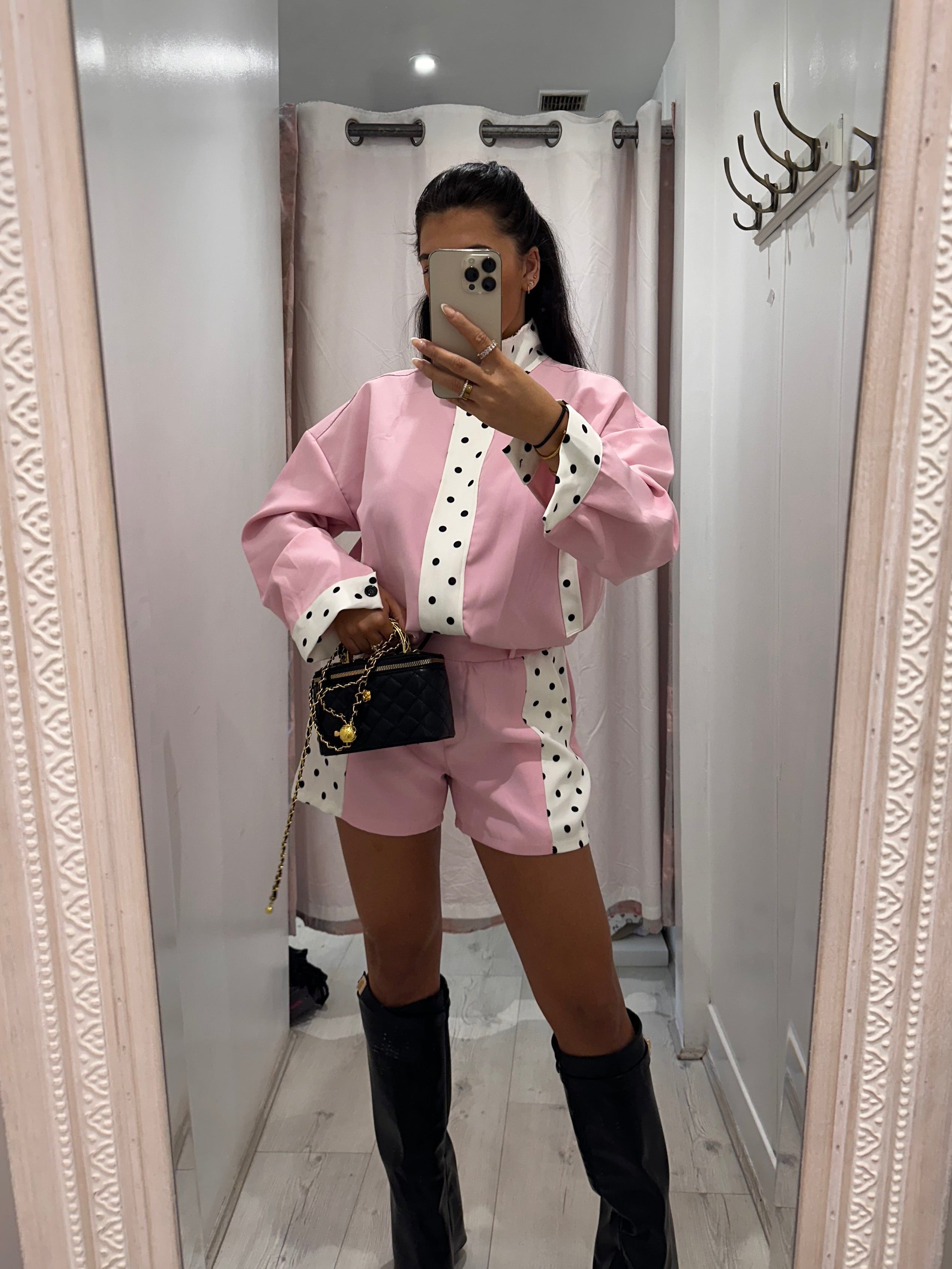 Elodie Polka Dot Jacket and Shirt Set with white polka dots for stylish layering and versatile outfits