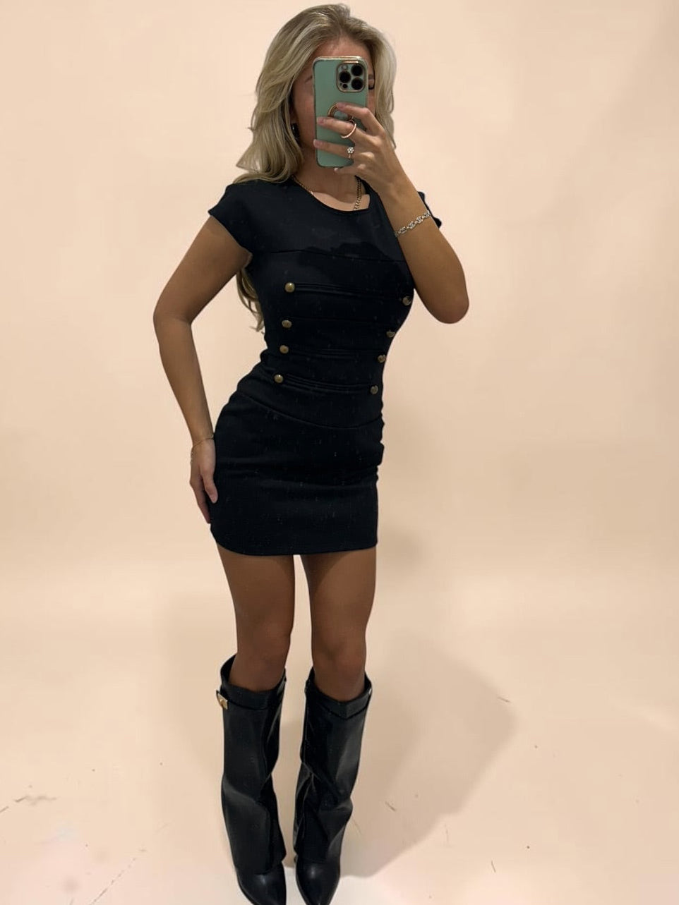 MICHAELA Button Detail Padded Shoulder Mini Dress