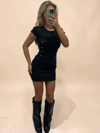 MICHAELA Button Detail Padded Shoulder Mini Dress