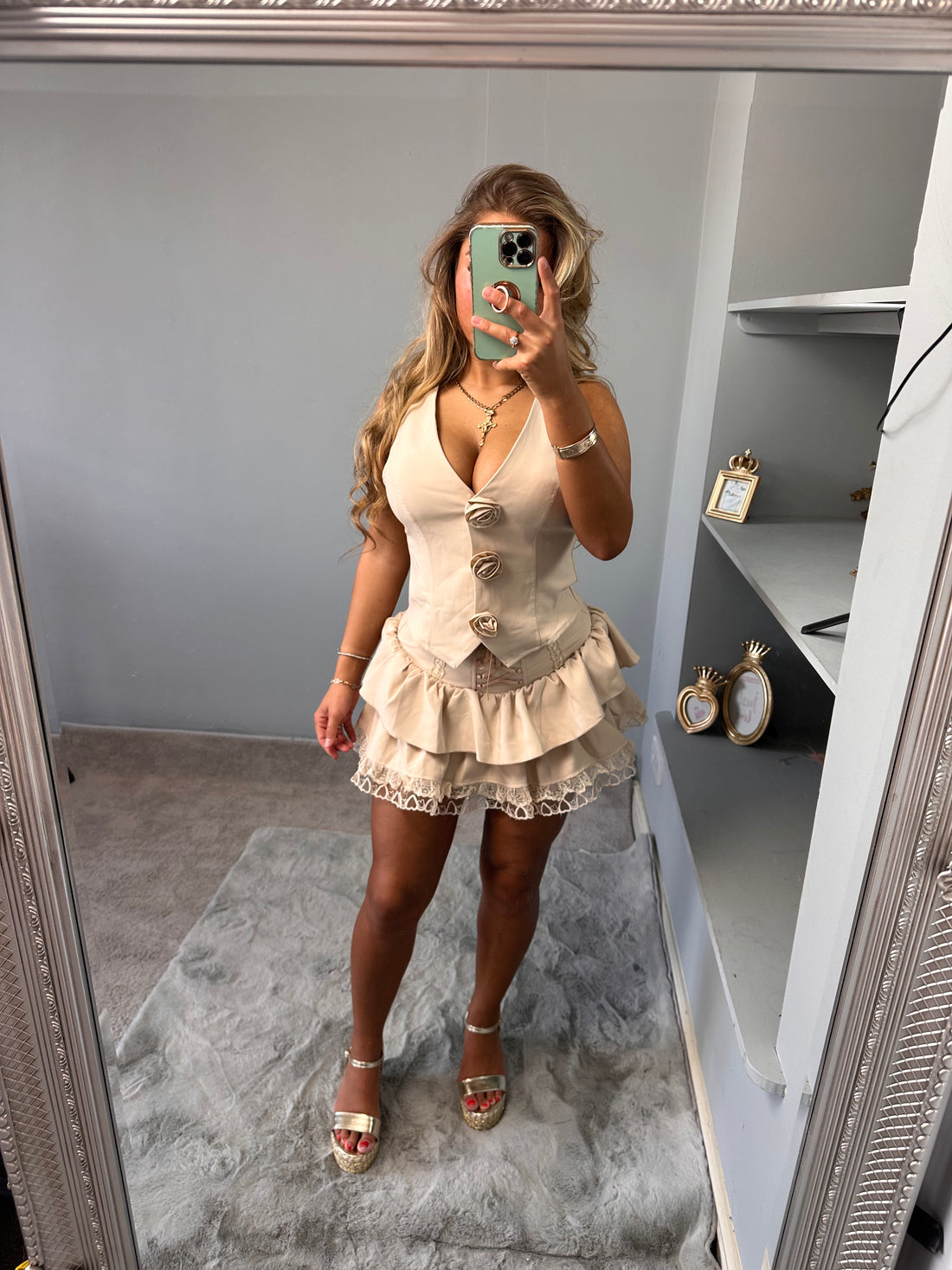 Daphne waistcoat with rose detailing and Strappy tie ruffle skirt set