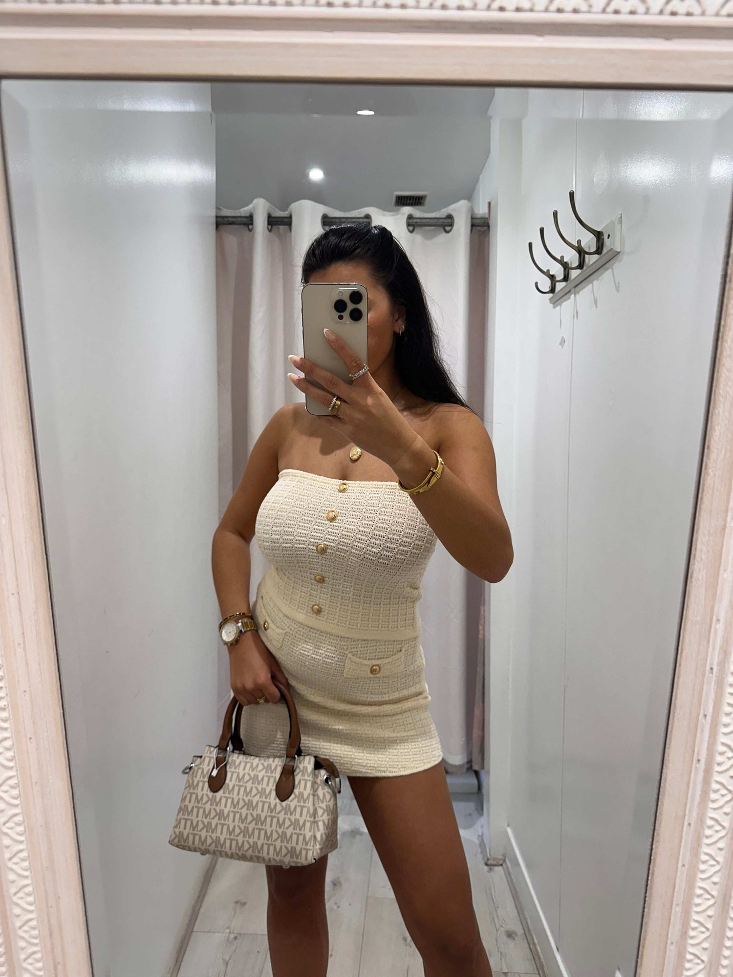 Lara Gold Button knitted skirt and bandeau top set stylish everyday outfit