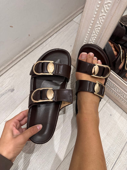 LORETA Brown Leather Sandals With Gold Buckle Detailing