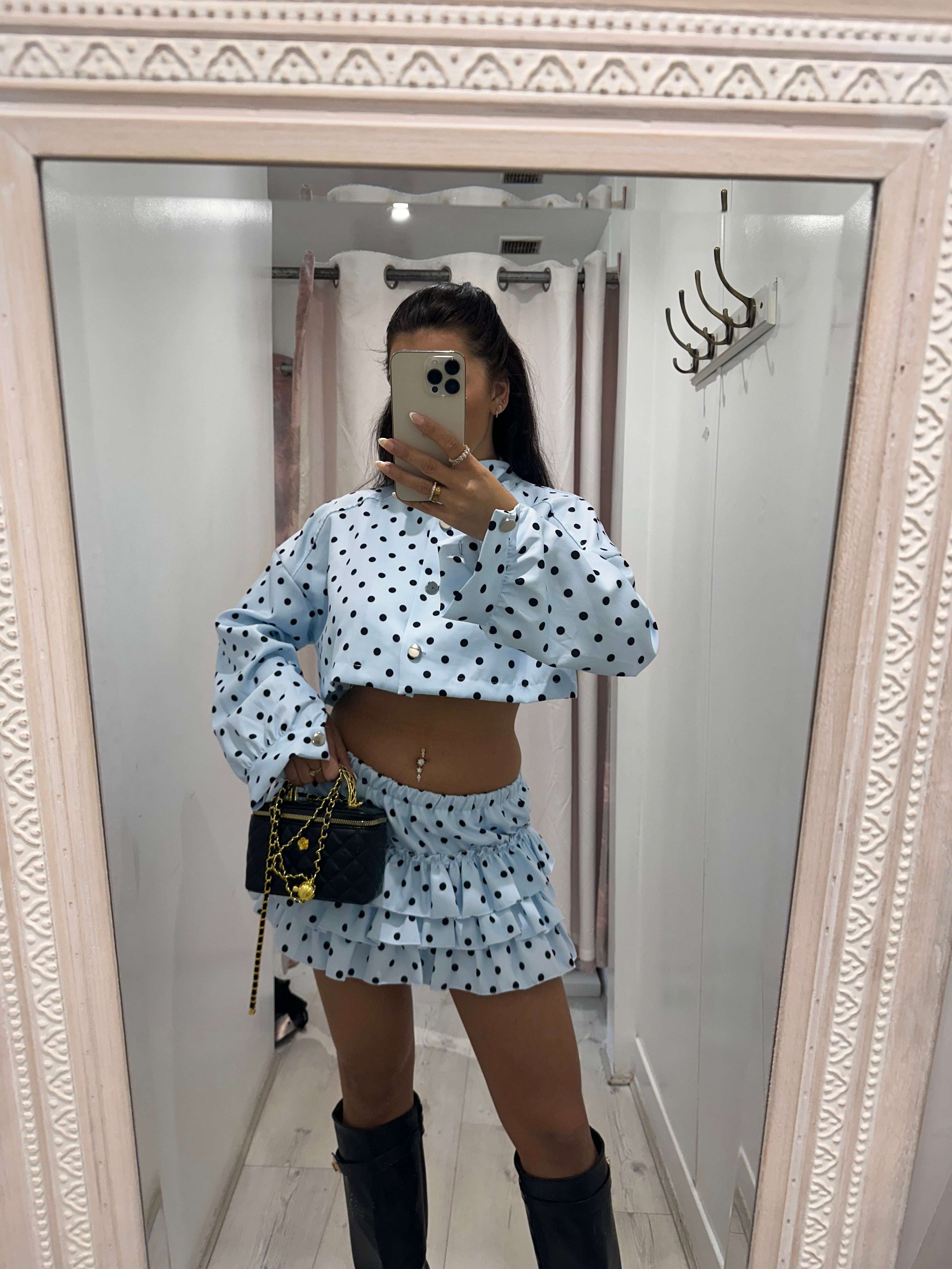 Gardenia Polka Dot Frilly Rara Skirt Co Ord Set with stylish polka dot design and frilled rara skirt for versatile fashion