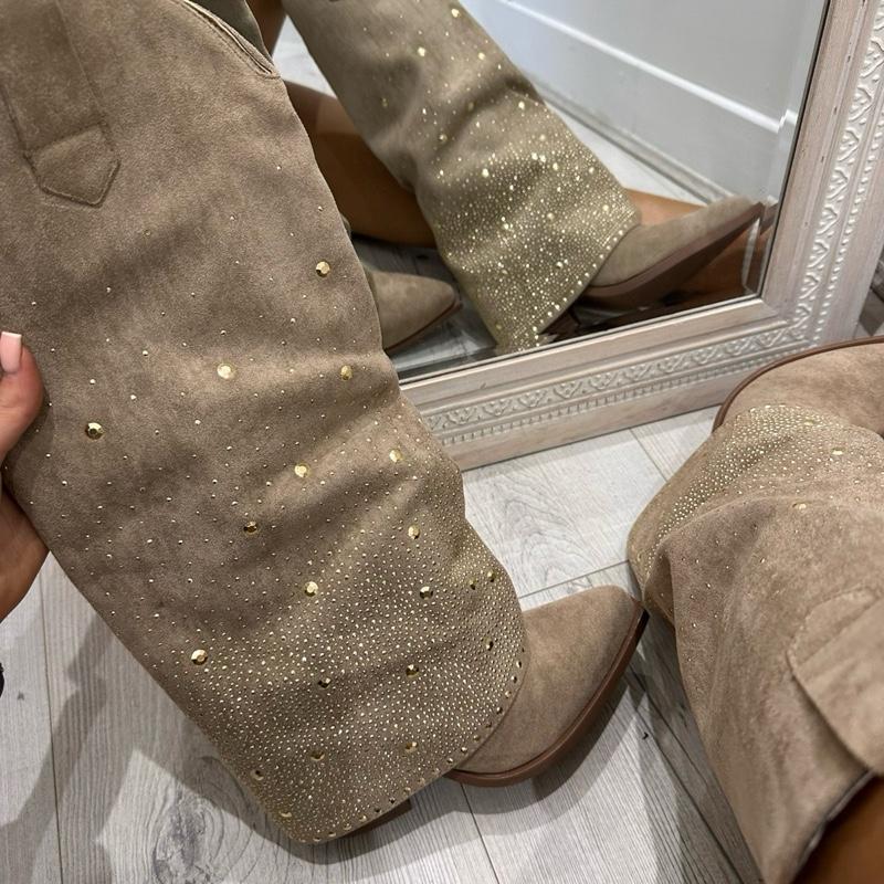 Orla Beige Suede Rhinestone Cowboy Boots