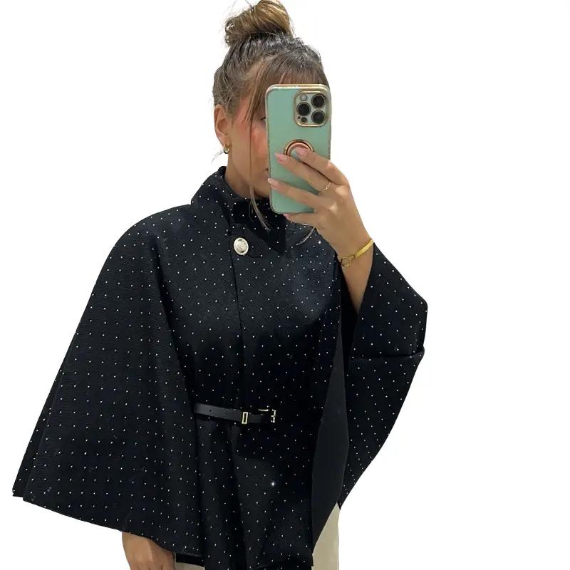 Mimi Rhinestone Detailing Belted Cape Poncho
