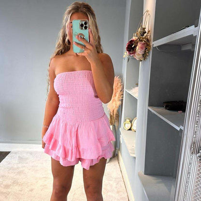 Womens Lola Cheesecloth Summer mini playsuit with frilly shorts and strapless bandeau top