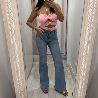 Jean Rose LYLA Coupe Large avec Poches et Détails Strass Scintillants