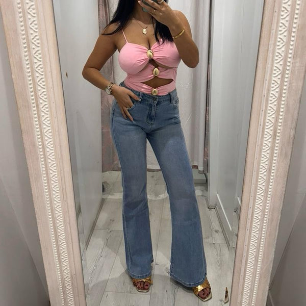 LYLA Wide Leg Pink Pocket Jeans with Sparkling Rhinestone Details