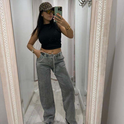 Grey NORA high-waisted wide-leg jeans with elasticated waistband and drawstring for relaxed fit