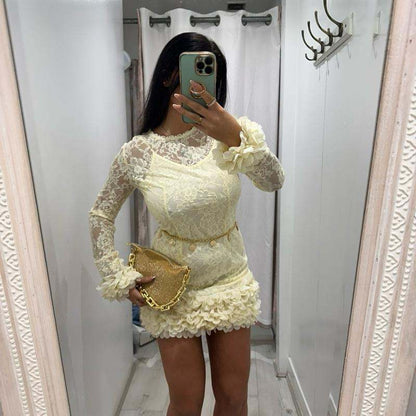 POLLY Lace Dress with Flower Detail Hem