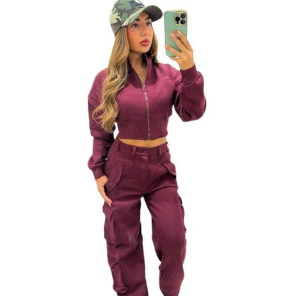 Woman wearing KADIE Zip Up Cropped Top and cargo trouser tracksuit set outdoors