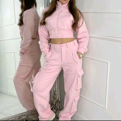 Woman wearing KADIE Zip Up Cropped Top and Cargo Trouser Tracksuit Coord in casual pose