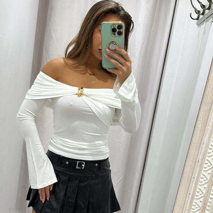 Women’s white AMAYA blouse, off-shoulder fit with gold accent buttons.