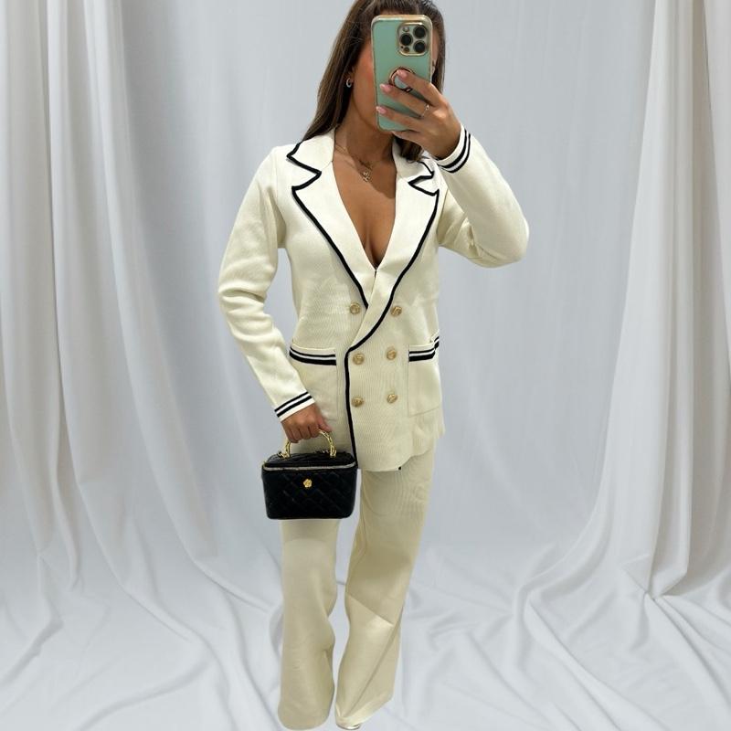 Fawn Cardigan With Gold Button Trousers