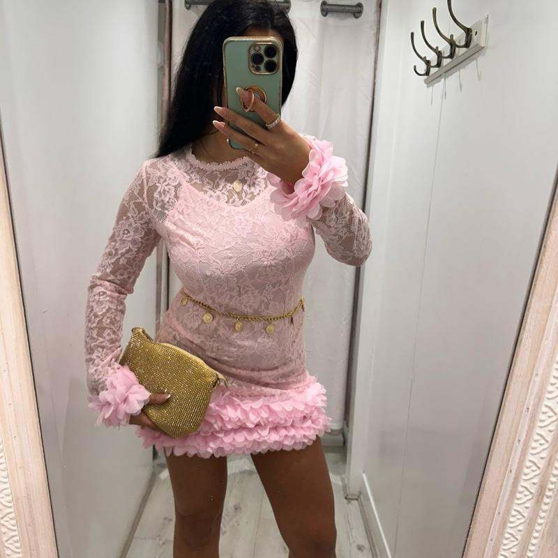 POLLY Lace Dress with Flower Detail Hem