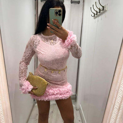POLLY Lace Dress with Flower Detail Hem