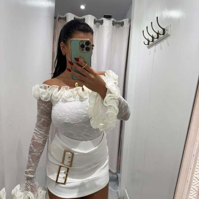 ARRIA Lace Long Sleeve Bodysuit with Ruffle Details