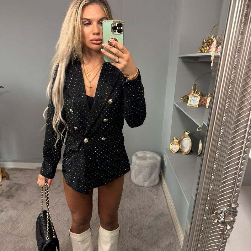 Women’s black fitted blazer with diamanté sparkle, AMBER night-out style.