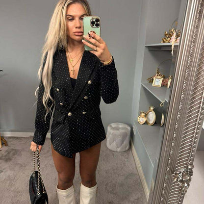 Women’s black fitted blazer with diamanté sparkle, AMBER night-out style.